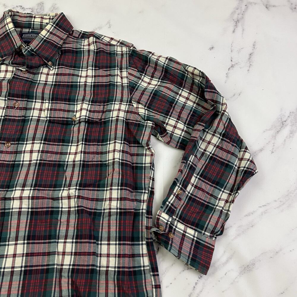 Lands End Mens Vintage 90s Plaid Shirt Size L Red Green Wool Cotton Blend - Picture 3 of 11